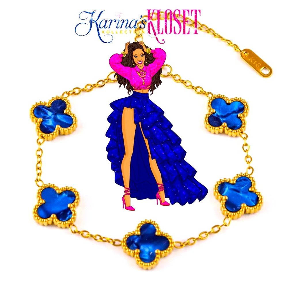 Royal Blue Sapphire Marble & Gold Clover Bracelet, 18 Karat Gold Plated